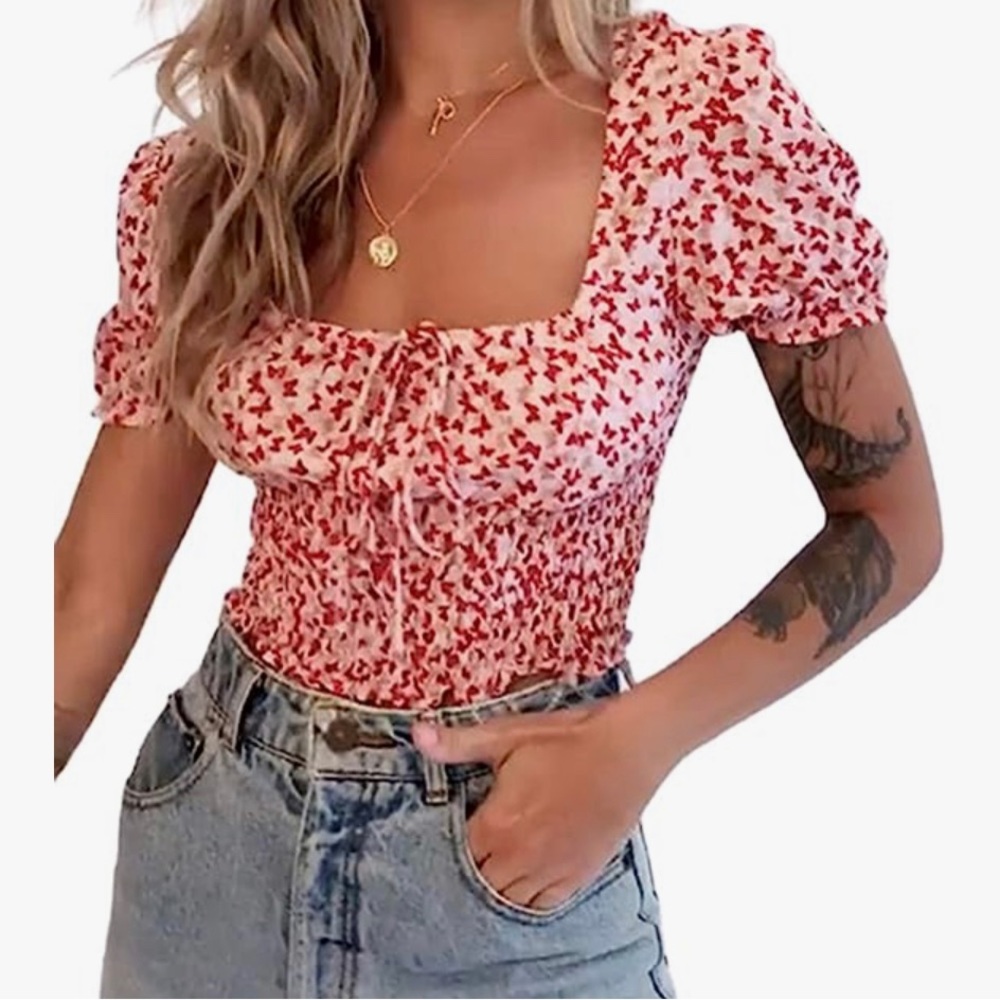 Women's Butterfly Print Ruffle Puff Short Sleeve Square Neck Crop Blouse Top